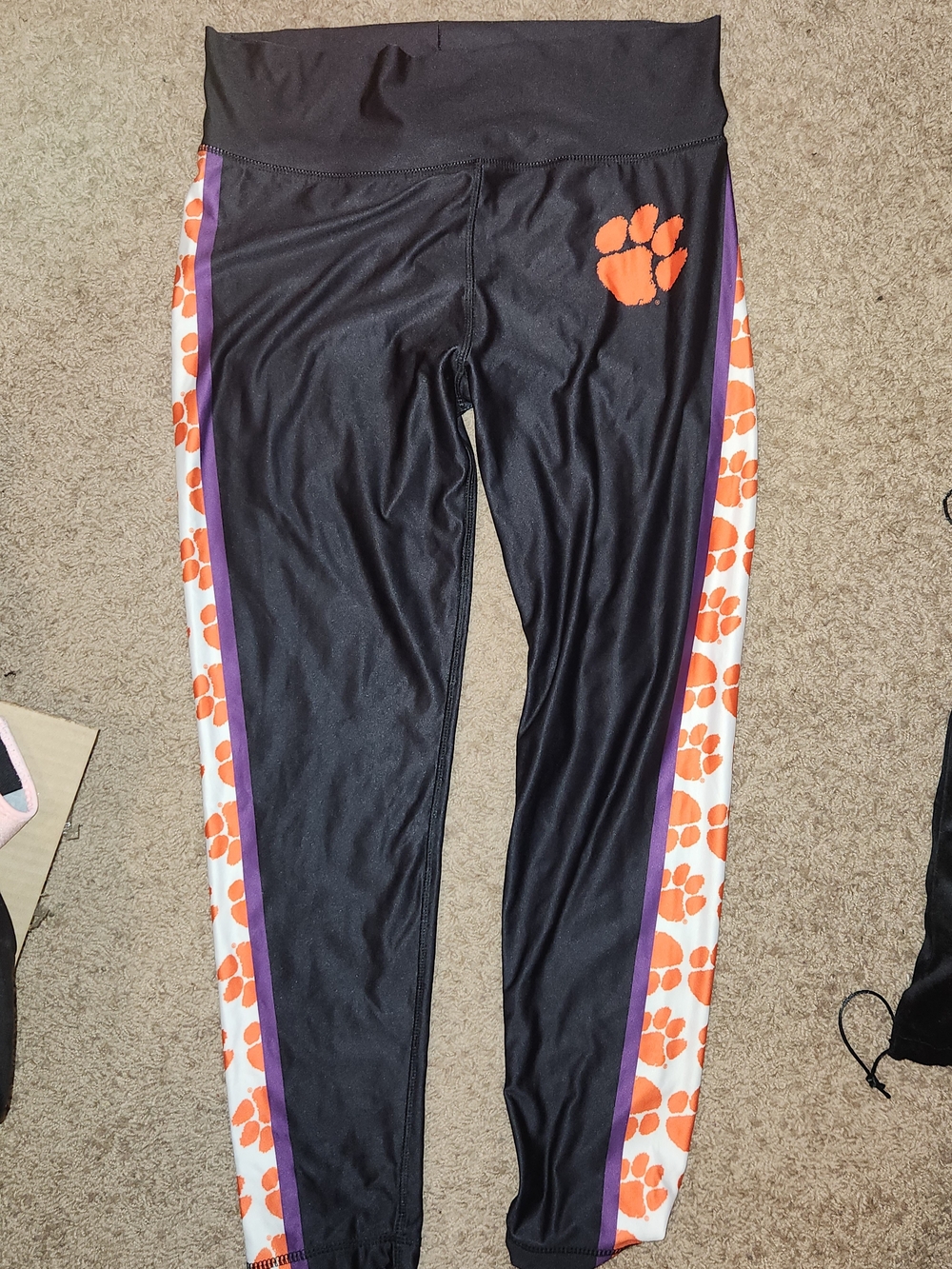 Womens Clemson Leggings with Orange Paw Print and Purple Trim
